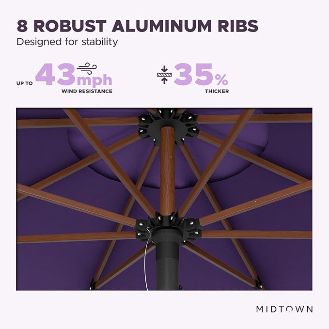 Midtown Umbrellas The Wooden 8 Feet Patio Umbrella With Sunbrella Bengali Purple Acrylic Fabric - Aluminum Frame Market Umbrella For Backyard, Deck, Garden, Pool - Wooden Pole