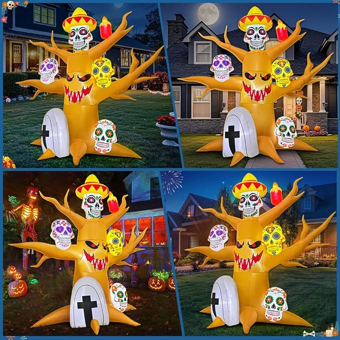 8FT Halloween Inflatable Decorations, Blow up Tree Decorations Day of The Dead Catrina Skulls Dia de Los Muertos, Built-in LEDs for Halloween Party, Garden, Lawn, Yard, Patio Décor