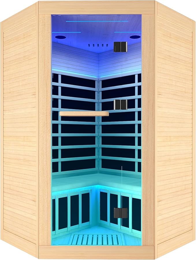 Indoor Sauna Two Person Far Infrared Saunas for Home 1 - 3 Person Wood Sauna Canadian Hemlock 2180W/110V Low EMF Dry Sauna Room with Oxygen Bar/7 Color Therapy/9 Heating Plates/Control Panel/Speaker