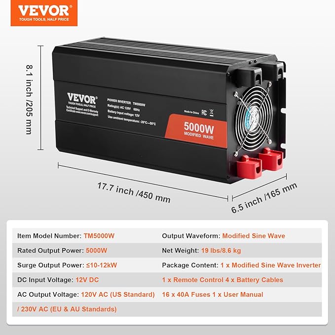 VEVOR Modified Sine Wave Inverter, 5000W, DC 12V to AC 120V Power Inverter with 6 AC Outlets 2 USB Port 1 Type-C Port, LCD Display and Remote Controller for High Load Home Appliances, CE FCC Certified