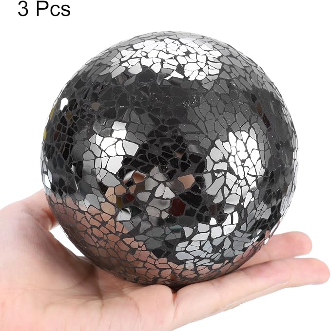 uxcell 4" Decorative Balls, 3 Pcs Mosaic Glass Balls, Decorative Table Sphere Orbs, Centerpiece Balls for Decorating Bowls Vase Tables Wedding Party, Black