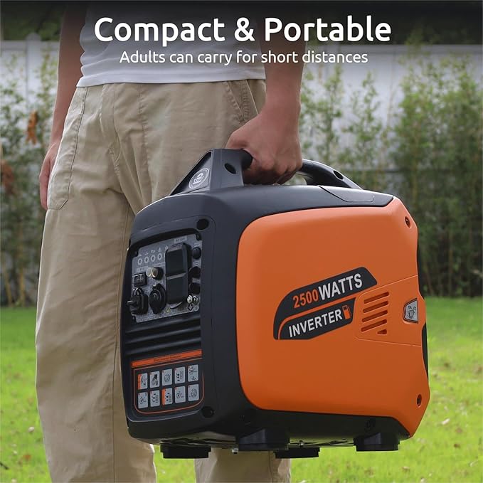 Portable Inverter Generator 2500W Gas Powered, Long Runtime Gas Generators for Home Use, Camping, Super Quiet Emergency Home Backup, with CO Sensor, EPA Compliant, Package of 2