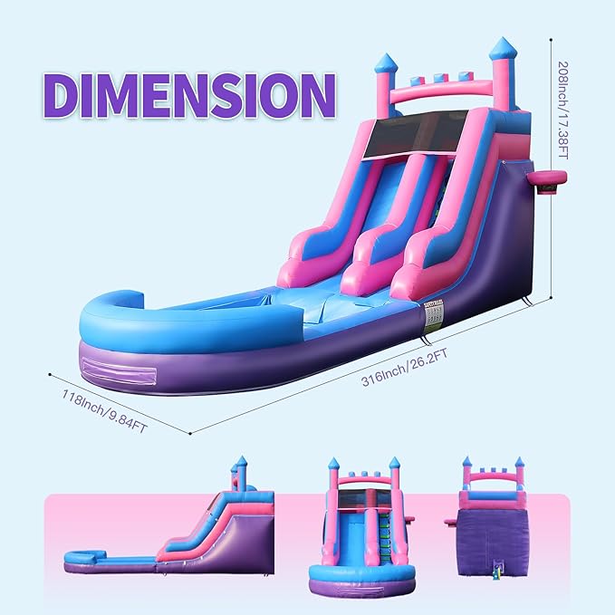 Inflatable Water Slide for Adults, 26FT 100% PVC Waterslide with Big Splash Pool, Widen Slide with Shallow Pool, 1100W Air Blower, Ideal for Backyard, Park (Purple Castle Design) 1
