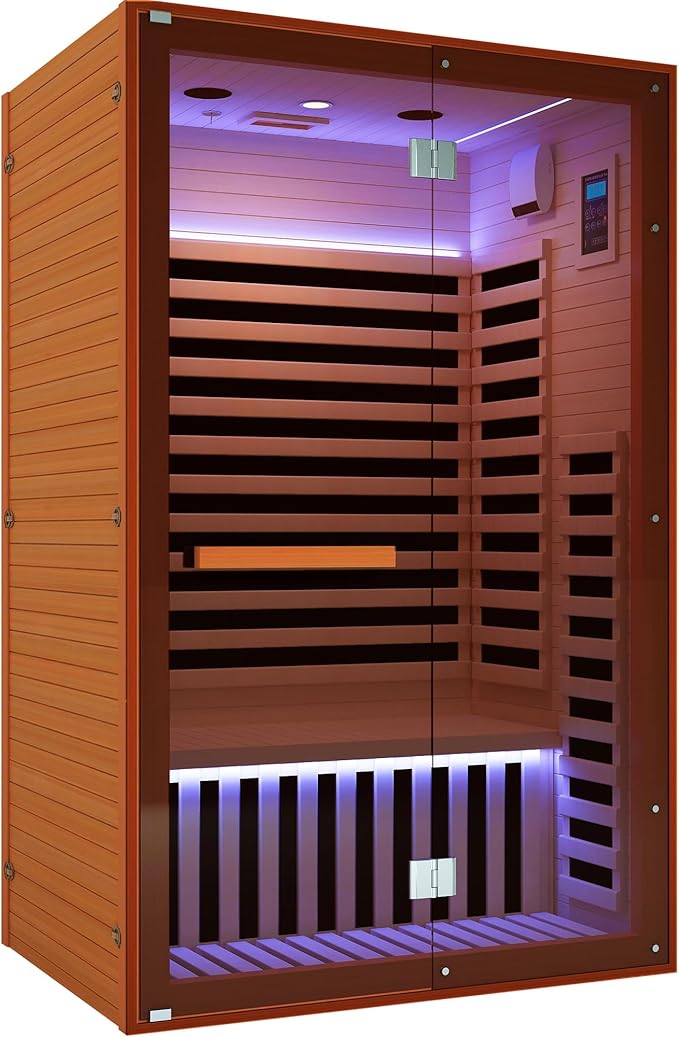 Far Infrared Sauna Home Sauna Indoor Sauna for 2 Person, 7 Color LED Dry Sauna Room with Low EMF 1950W for Home Gym, Canadian Hemlock Wood