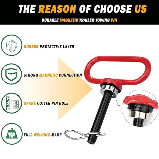 Magnetic Hitch Pin, Lawn Mower Trailer Hitch Pins 1/2 Inch - Strong Heavy Duty Magnet Trailer Gate Pin for Mowers, Lawn Tractors, Towing Cargo, ATV - Simple One Handed Hook On & Off（Red）