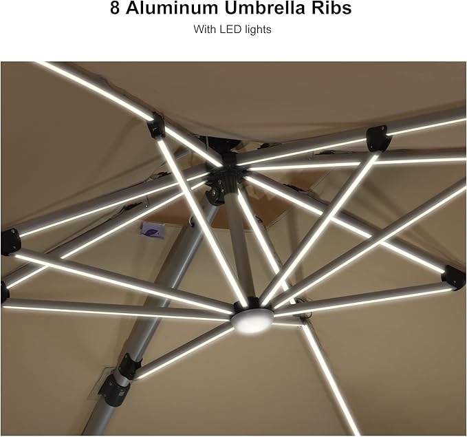 PURPLE LEAF 9' X 12' Solar Powered LED Rectangle Cantilever Umbrella With Base Patio Umbrellas Windproof Hanging Umbrella Outdoor Umbrellas Offset Umbrellas, Beige