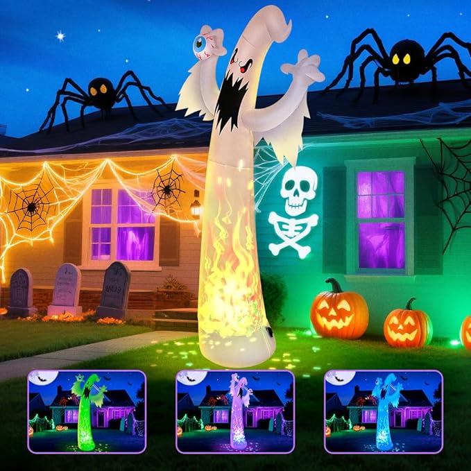 12FT Giant Halloween Inflatables Ghost Decorations, Built in 7-Colored Flame Rotation LEDs Huge Halloween Inflatable Large Spooky Blow Ups Halloween, Party, Indoor, Outdoor, Garden, Yard Lawn