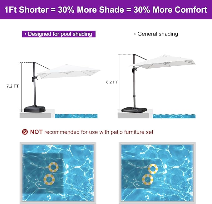 PURPLE LEAF 8' X 8' Patio Umbrella with Wheeled Base for Pool 7' High Offset Outdoor Cantilever Umbrella Swimming Pool Umbrella with 360°Rotation for Poolside White