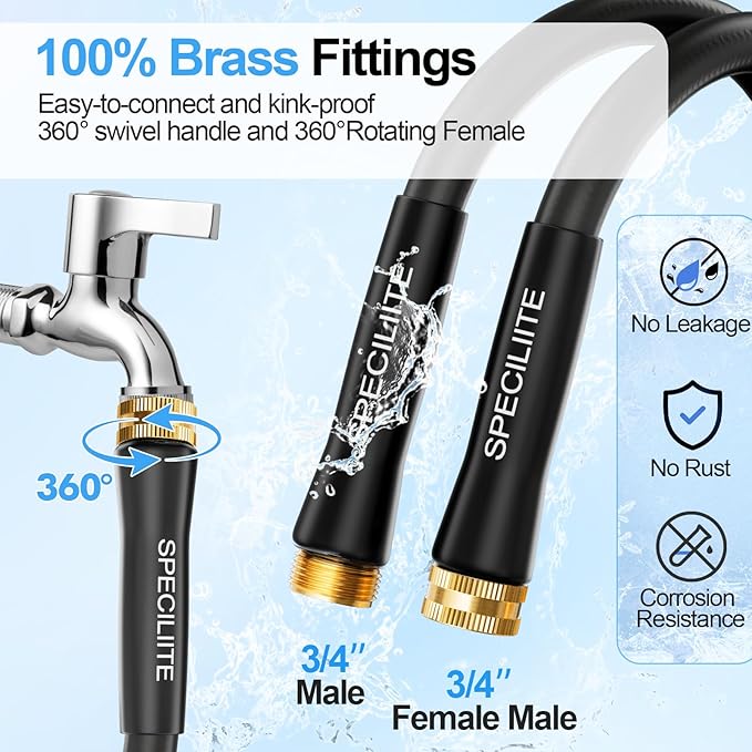 SPECILITE 3/4" Hot/Cold Garden Hose 100 ft with Industrial High Pressure Nozzle, Flexible & Lightweight, 600psi Burst Rubber Water hose -50℉-158℉ With 3/4" Brass Fittings for Yard, Black