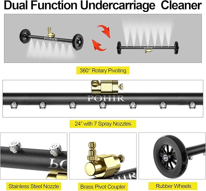 POHIR Undercarriage Pressure Washer Attachment Pro Max 24", Surface Cleaner Water Broom with 3pcs Extension Wand and Quick Connect Pivot Coupler 4000psi, 2 in 1 Underbody Car Washer