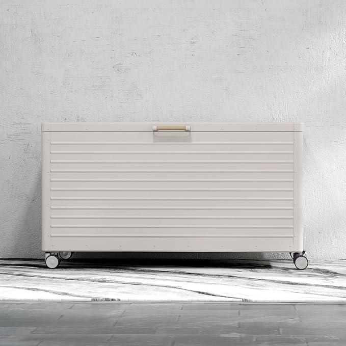 MIRADOR 134 Gallon Outdoor Storage Box Waterproof with Wheels, Metal Deck Box for Patio Furniture, Garden Tools, Outdoor Cushion, Latte