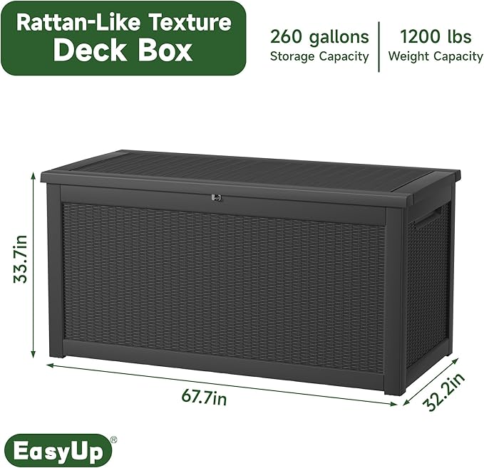EasyUp 260 Gallon Outdoor Storage Box Waterproof, UV Resistant Resin Deck Box with Hydraulic Rod, Reinforced Stability for Patio, Garden, Rattan Black