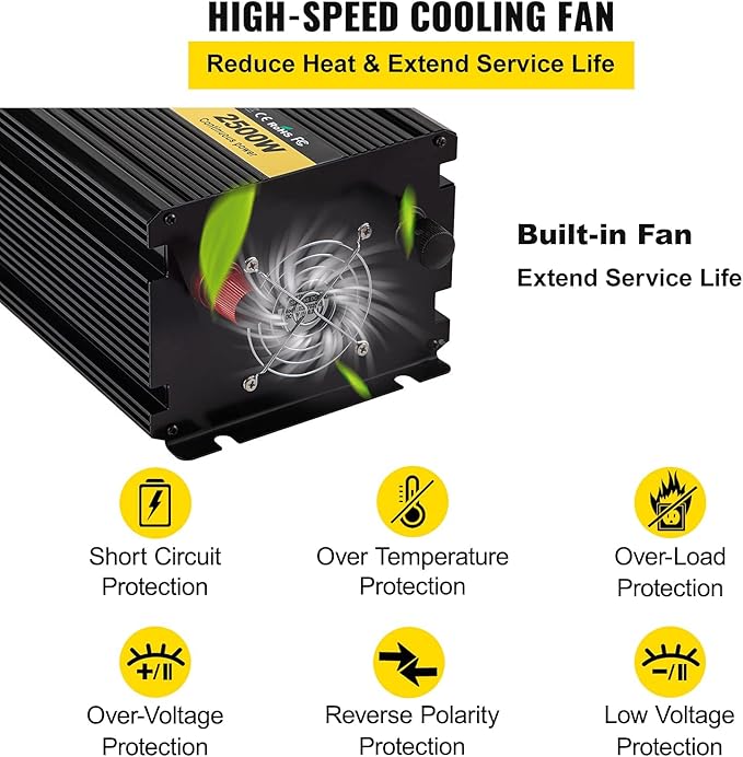 VEVOR Power Inverter, 2500W Modified Sine Wave Inverter, DC 12V to AC 120V Car Converter, with LCD Display, Remote Controller, LED Indicator, AC Outlets Inverter for Truck RV Car Boat Travel Camping