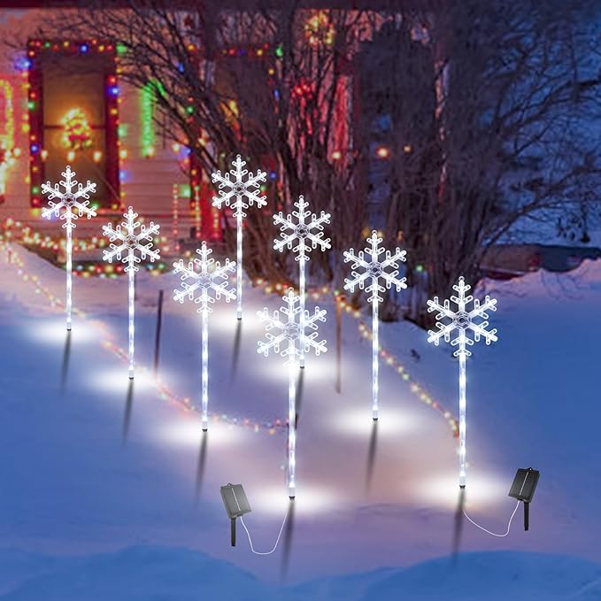 Solar Christmas Pathway Lights Outdoor Decorations, Solar Powered Snowflake Lights, Waterproof Xms Garden Stake Lights Outdoor Christmas Decorations for Patio Yard Porch Lawn, 4 Pack(White)
