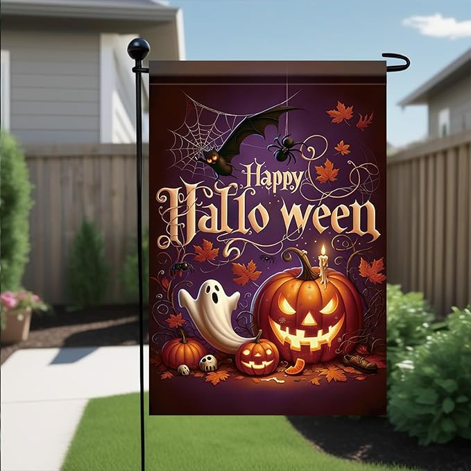 Halloween Garden Flag Happy Halloween Pumpkin Ghost Flag Double Sided Outdoor Yard Banner Fall Seasonal Decoration for Garden Lawn Patio Party Autumn Outdoor Yard Decor 12x18 Inch