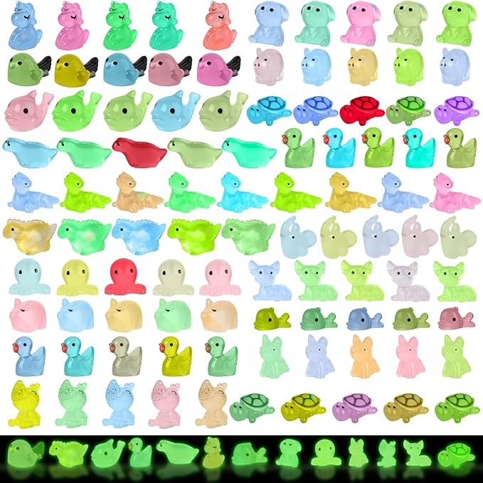 100 Pcs Tiny Resin Animals to Hide, Mini Luminous Resin Animals Bulk for Miniature Fairy Garden Accessories Micro Landscape Aquarium Cake Potted Plants Dollhouse Moss Patio Home Decor Crafts