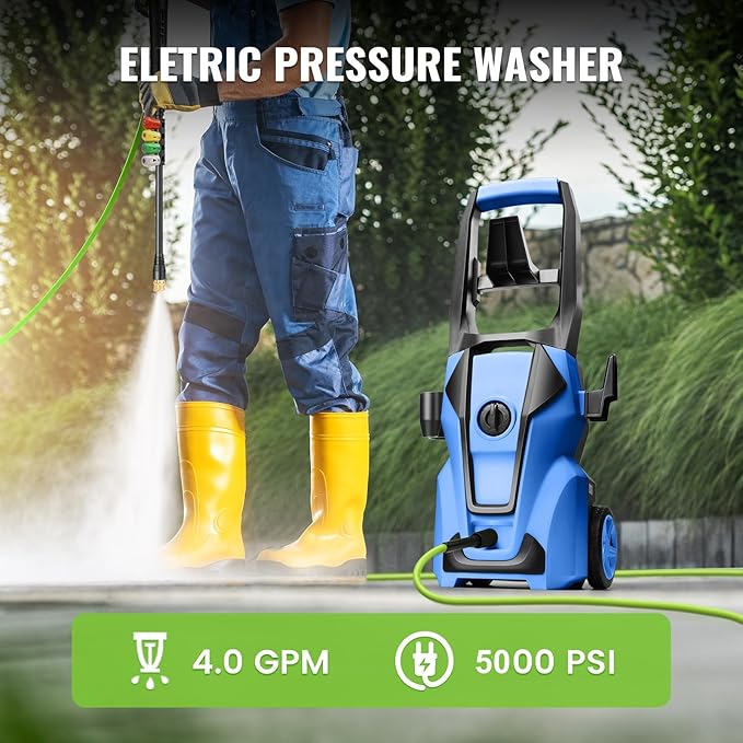 Pressure Cleaner 5000PSI Max 4.0GPM with 33FT Flexible Extension Hose, 4 Nozzles, Foam Cannon, Power Cleaner Powered for Cars, Patios, Driveways, Blue