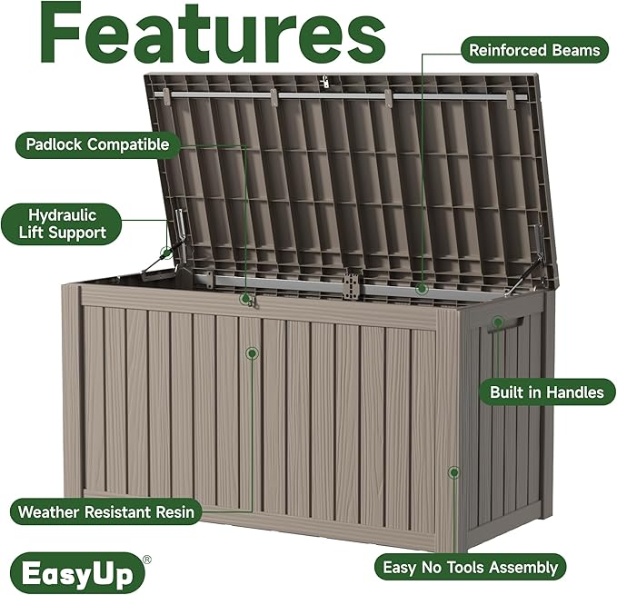 EasyUp 150 Gallon Outdoor Storage Box Waterproof, UV Resistant Resin Deck Box with Hydraulic Rod, Reinforced Stability for Patio, Garden, and Pool, Striped Gray