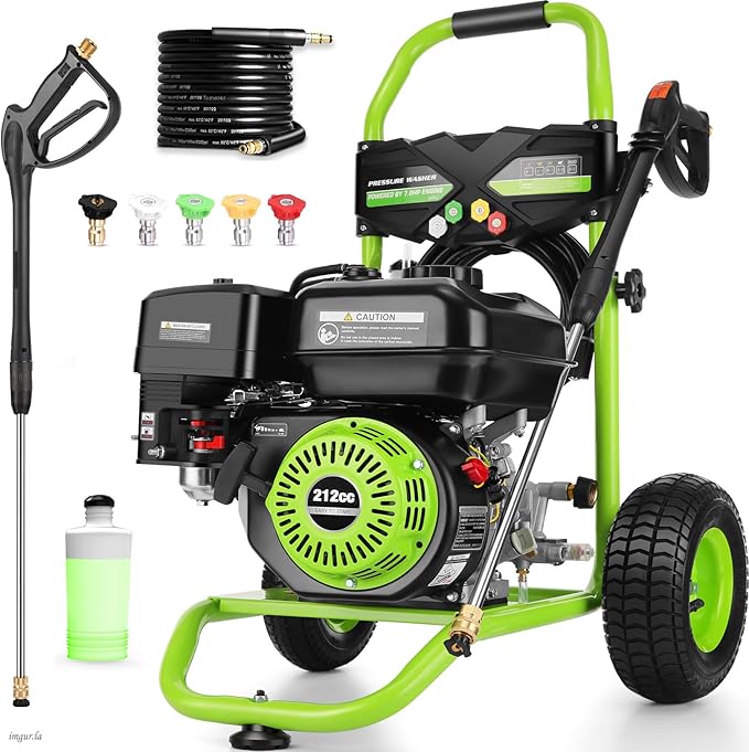 Professional 4200PSI 4GPM 212CC Gas Pressure Washer, 7.0 HP Commercial Gas Power Washer with 1L Foam Bottle 9" Wheels 5 Nozzles 25FT Hose for Home Car Fence Driveway (EPA/CARB/ETL Compliant), Green