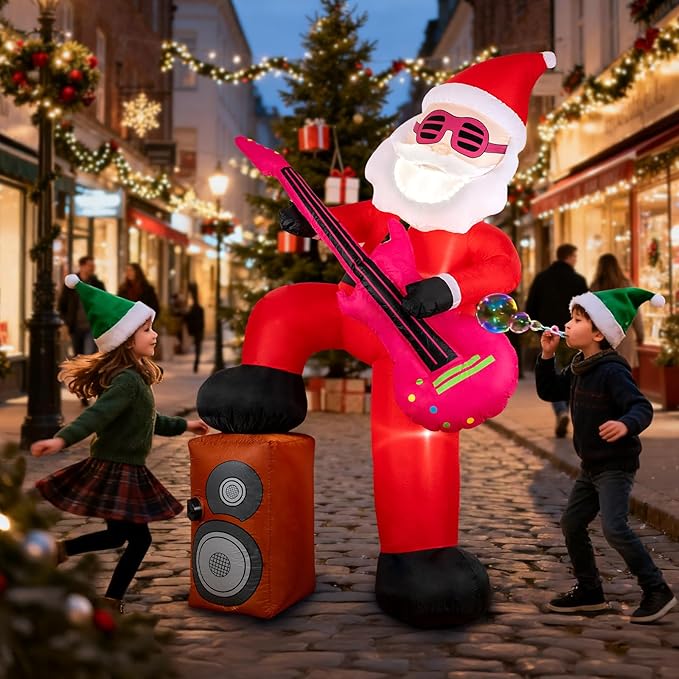 8ft Christmas Inflatable Outdoor Decorations, Blow up Yard Decor with Santa Claus Plays The Guitar and Sings While Stepping on The Speaker, Bright LED Lights Christmas Outdoor Decorations