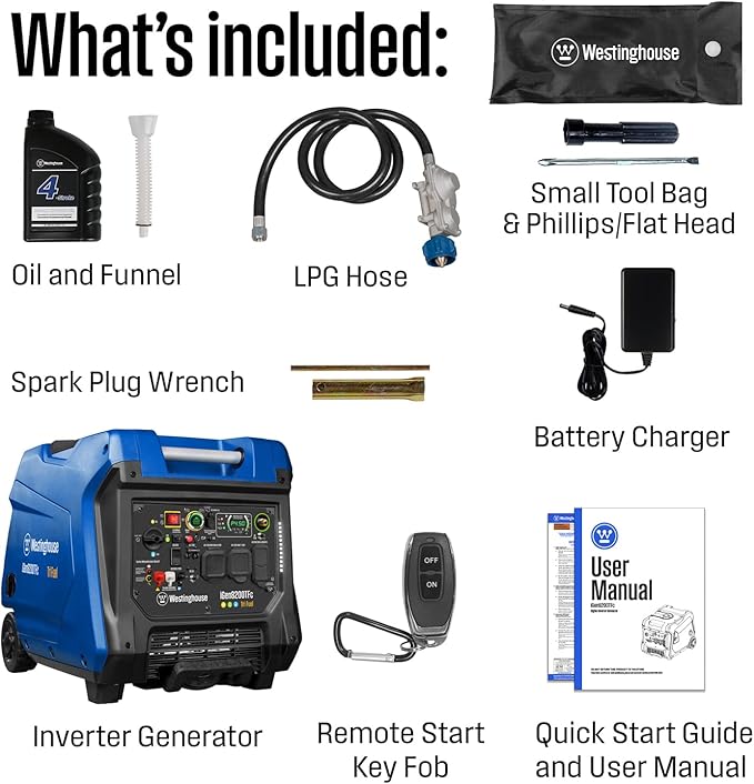 Westinghouse 8200 Peak Watt Tri-Fuel Portable Inverter Generator, Remote Electric Start, Transfer Switch Ready, Gas, Propane, Natural Gas, Low THD, Safe for Electronics, Parallel Capable, CO Sensor