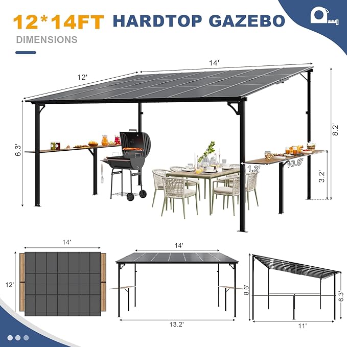 MEISSALIVVE 12' x 14' Wall Mounted Gazebo, Outdoor BBQ Grill Gazebo with Side Shelf, Lean to Metal Awnings with Sloped Roof, Heavy Duty Pergola for Backyard, Deck, Black