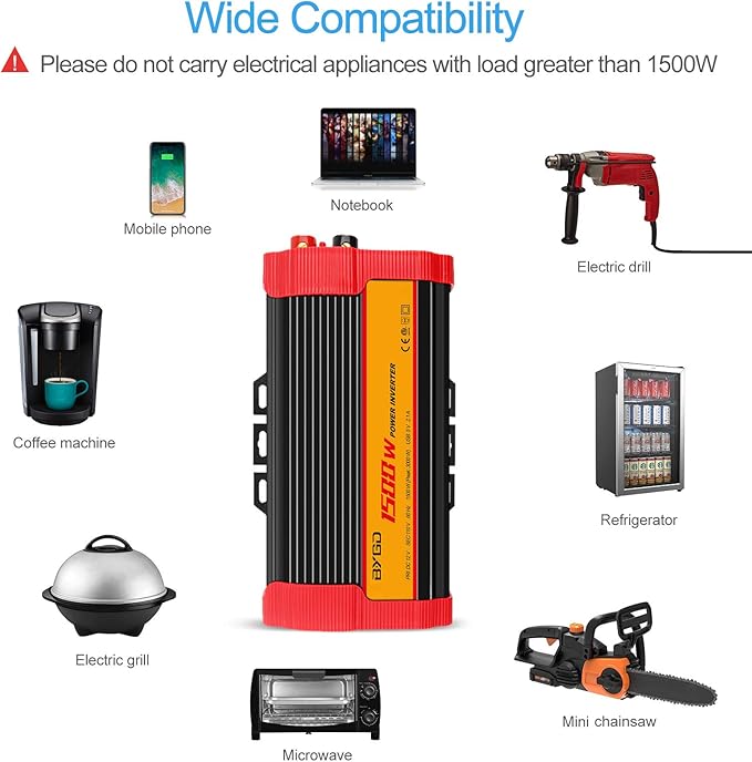 BYGD 1500W Power Inverter DC 12V to 110V AC Converter and Peak Power 3000W Car Inverter with 4.2A Dual USB Ports Quick Charging Car Charger, Solar Inverter ETL Listed
