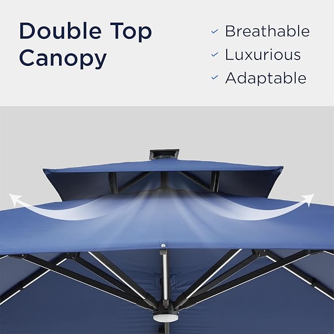10x10 FT Cantilever Patio Umbrella with Led Lights Double Top Outdoor Square Heavy Duty Offset Umbrellas 360°Rotation Free-motion Track Tilt Windproof for Pool Deck Garden, Navy