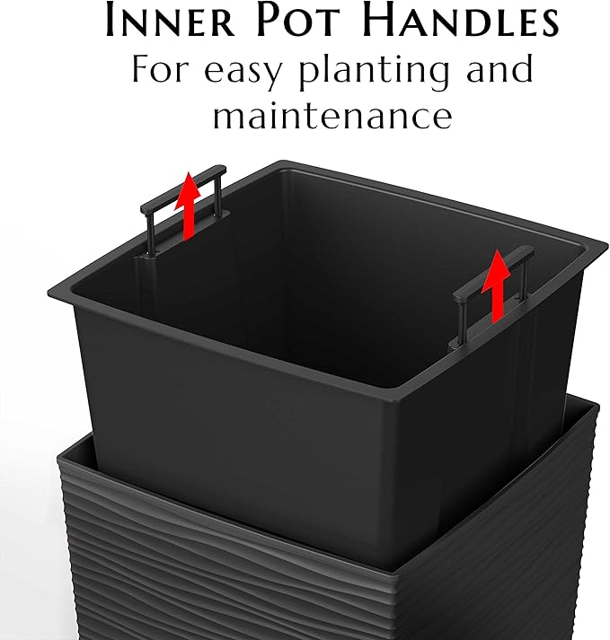 Mueller M-Resin Heavy Duty Tall Planter, Indoor/Outdoor Grande Plant, Tree, Flower Pot, 2-Piece Set, 27.5”, Modern Design, Built-in Drainage, Dark Grey