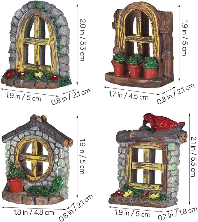 VOSAREA 4PCS Fairy Garden Windows and Door Set - Miniature Resin Gnome House Accessories for Outdoor Decor - for Trees Yards and Micro Landscapes
