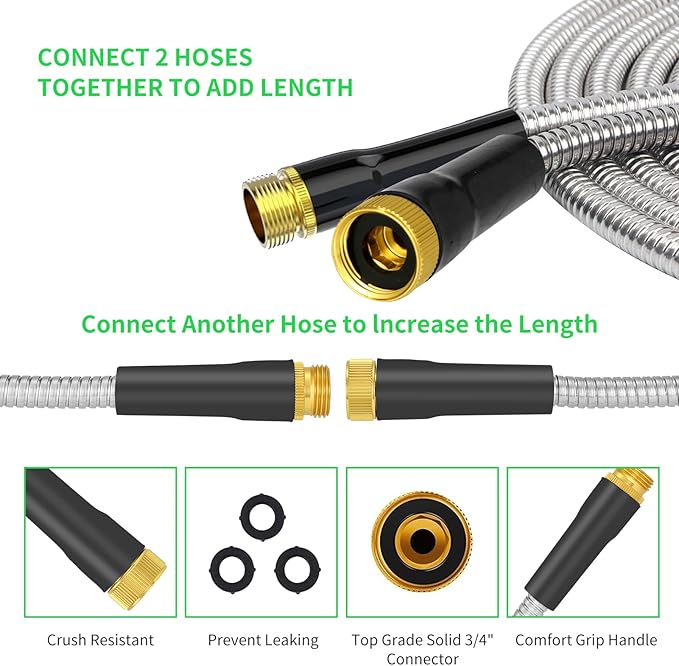 Stainless Steel Metal 25FT Garden Hose Lightweight, Puncture & Rust Proof Heavy Duty Water Hose for Yard, RV, Garden, Outdoor