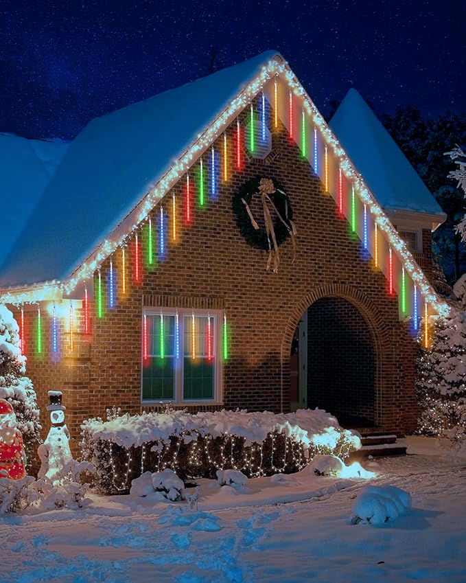 Flacchi Solar Meteor Shower Icicle Lights - 20 Tubes 480 LED Cascading Raindrop Lights, Outdoor Waterproof Christmas Decorations for Holiday Party(4 in 1 Multi-Colored, Solar 20 Tubes)