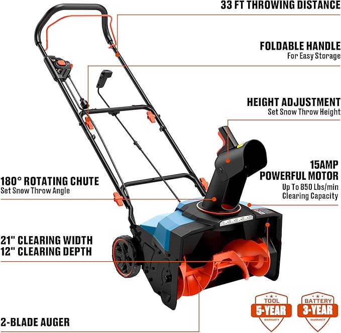 SENIX Corded Snow Blower High-Efficiency 880lbs/min, 15Amp 21 inch Electric Snow Thrower, 33FT Max Distance, 180° Rotating Chute & LED Lights ETL Certified for Driveway Sidewalk Winter Use (STE15-M)