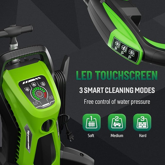 Pressure Washer 5000PSIIMAX Touch Screen Adjustable Pressure with Anti-Tipping Technolog, Spray Handle Smart Control, 5-Nozzle Set, for Cars//Home/Patios, Green