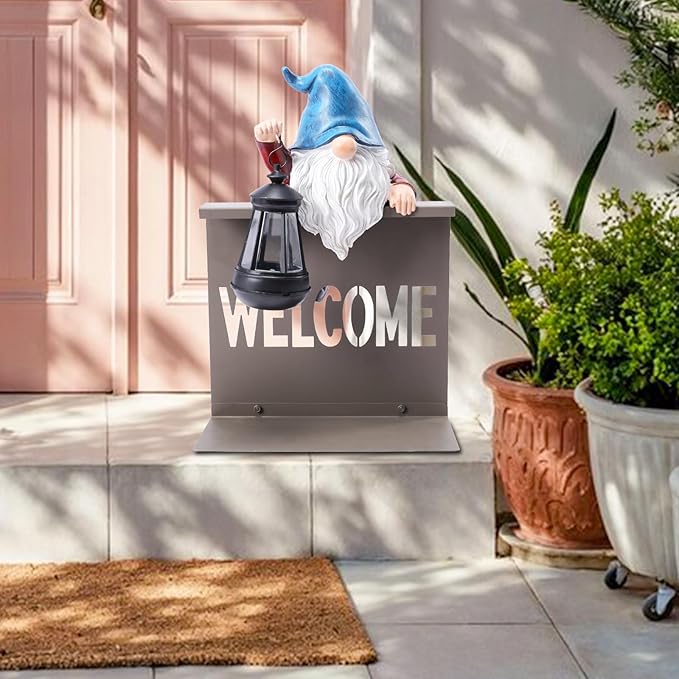 Garden Gnome Statues Outdoor Decor, Solar Gnome Sculpture Holding Lanterns Garden Gnomes Outdoor Decorations with Welcome Fence Base for Patio, Lawn, Yard Ornaments, Housewarming Gifts