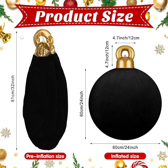 Jetec 3 Pcs 32 Inch Giant Velvet Christmas Inflatable Balls Ornament Flocked Xmas PVC Inflatable Flocked Ball Ornaments for Christmas Holiday Outdoor Blow up Yard Decor(Black)