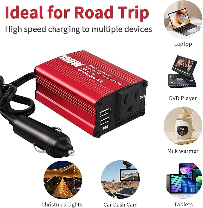 150W Power Inverter 12V DC to 110V AC Car Laptop Charger Fast Charger Converter with 2 USB Ports Car Laptop Charger, Car Adapter for Plug Outlet