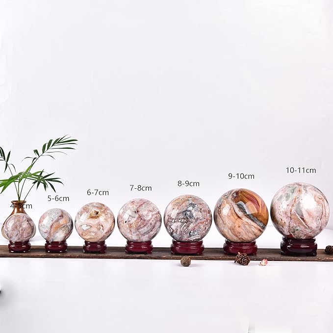 JIC Gem Natural Striped Agate Crystal Sphere with Wooden Stand Decorative Crystal Ball Healing Gemstone Sphere for Meditation Feng Shui Witch-Style Decor70-80mm