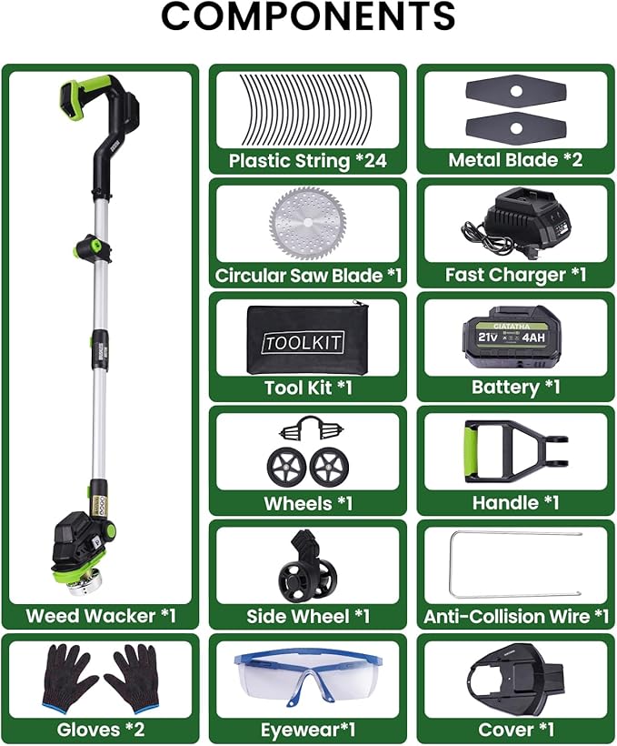 Electric Weed Wacker Cordless with Wheel, Brushless Grass Trimmer with 21V 4.0Ah Battery and Fast Charger, 3 Types of Blades String Trimmer, Weed Eater Battery Powered, Grass Cutter Machine