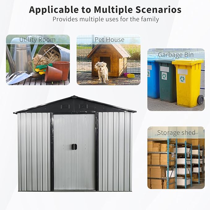 8x4 ft Outdoor Metal Storage Shed with Floor Foundation and Window, Lockable Galvanized Steel Tool Shed with Sliding Door and Air Vent, Waterproof Garden Storage House for Backyard, Patio
