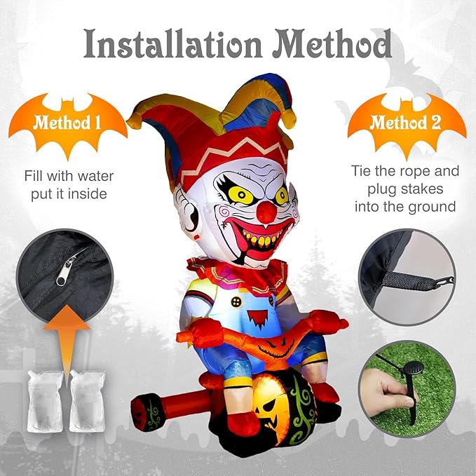 WBHome 5 Ft Halloween Inflatable Outdoor Clown Bicycle Decorations, Day of The Dead Blow Up Yard Decor with Built-in LED Light (Plug in) for Lawn Home Dia de Los Muertos Party Indoor Outdoor
