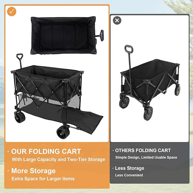Collapsible Foldable Camping Wagon, Extra Large Capacity 480LBS Utility Cart, All Terrain Heavy Duty Beach Cart with Wheels & Storage Pockets, Portable Wagon for Outdoor Shopping Picnics