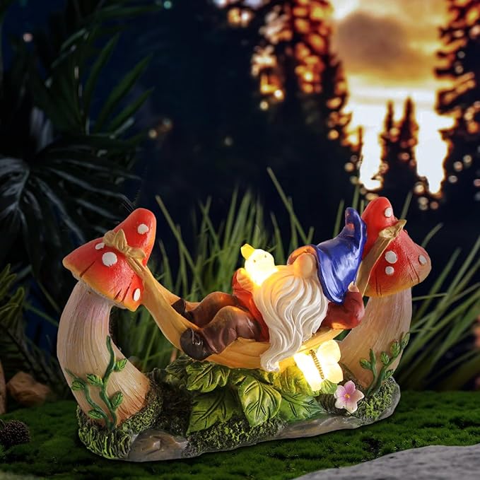 Outdoor Garden Gnome Statue,Solar Gnomes Figurine Lying on Hammock with Bird and Mushrooms,Outdoor Garden Decoration for Patio Yard Lawn Porch,Gifts for Mom/Grandma/Women