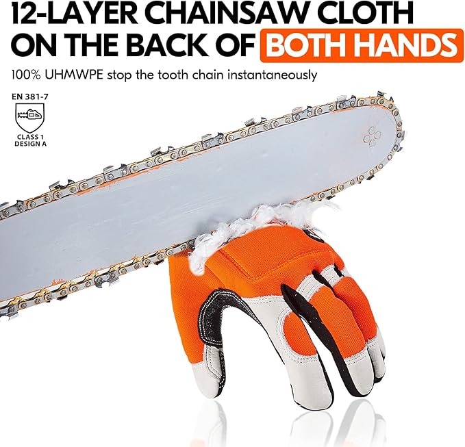 Vgo... 1Pair Chainsaw Winter Gloves,12-Layer Chainsaw Protection on Both Hands Back,Cow leather(S,Hi-Viz Orange,CA9760FLWP)