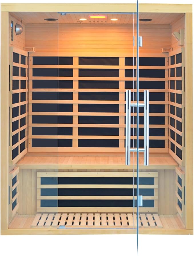 Homsido 2-3 Person Indoor Infrared Sauna, 11 Low EMF Far Infrared Carbon Panel Hemlock Wood Sauna Room Indoor Home Sauna with Tempered Glass Door,Bluetooth Speakers, Chromotherapy Lights(110V, 2100W)