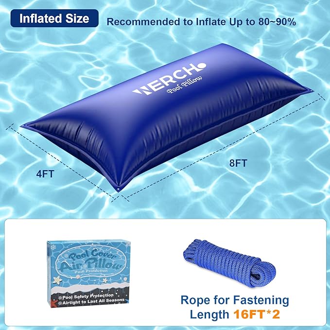 Pool Pillow for Above Ground Pool, 4 x 8 FT Ultra Thick Pool Pillow with PVC Material 0.5mm Thick Cold-Resistant Winter Pool Pillow for Above Ground Pools and Winterizing （2x16ft Rope）
