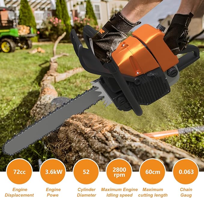 380 Gas Chainsaw, 72cc 2-Cycle 3.6KW 4.8HP Power Chain Saw with 24 Inch Alloy Bar, OEM Code F380W, Replacement For Stihl MS381, MS380, 038, NS872, Heavy Duty Logging