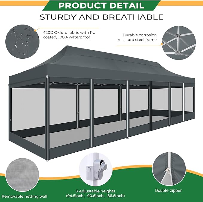COBIZI 10x30 Heavy Duty Pop Up Canopy Tent with 8 Sidewalls, Commercial Gazebo Party Tent with Mosquito Netting Wall Easy Set Up Outdoor Instant Screen Tent for Backyard, Patio, Garden, Gray