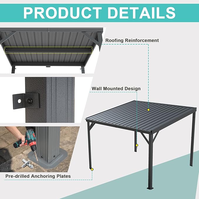 Domi 10’x10’ Lean-to Gazebo, Hardtop Wall-Mounted Gazebo Pergola with Sloping Galvanized Steel Roof and Upgraded Drainage System, Outdoor Permanent Metal Shelters for Patio Backyard Deck, Grey