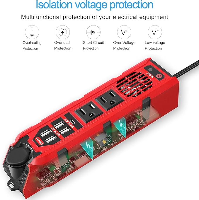 200W Car Power Inverter DC 12V to 110V AC Converter with Dual AC Outlets, 4 Quick Charger 2.4A USB Ports and 1 Type C Port Cigarette Lighter Socket Charger Adapter